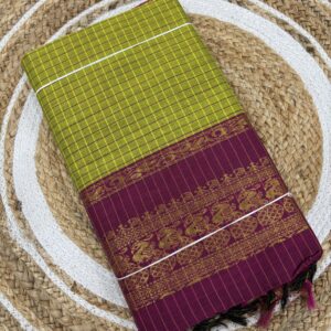 kalyani cotton saree checked green and magenta