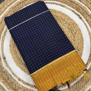 kalyani cotton saree checked navy blue and yellow