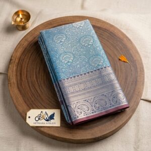 bridal tissue silk silver zari teal blue